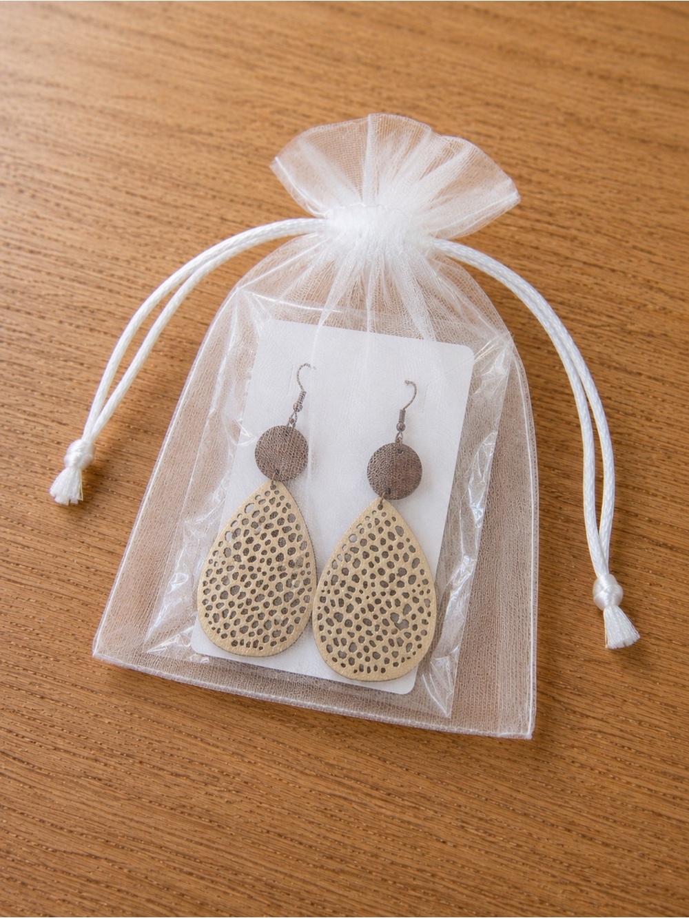 Neutral Brown Teardrop Wood Earrings with Textured Detail